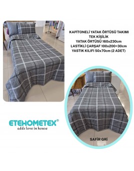 ETEHOMETEX Pamuklu Kapitoneli Yatak Örtüsü TAKIMI TEK KİŞİLİK SAFİR GRİ 8696474232126